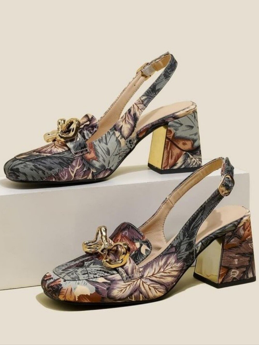 Floral Print Slingback Block Heel Pumps with Gold Accent